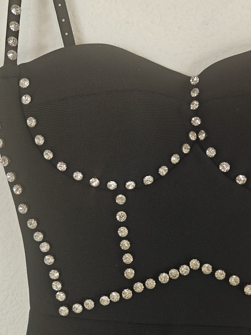 Crystal Embellished Bustier Bodycon Mini Dress Black Sparkle Corset Night Out SM - Picture 8 of 15